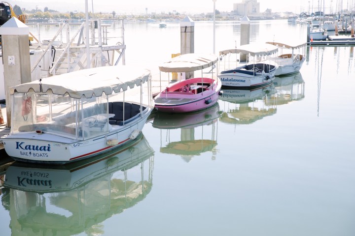 Four small boats with canopies docked on a calm marina under clear skies.
