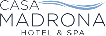 Logo for Casa Madrona Hotel & Spa with a blue wave design.