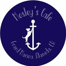 Logo with white anchor and dog, text: 'Mosley's Cafe, Grand Marina, Alameda, CA' on a blue circle.